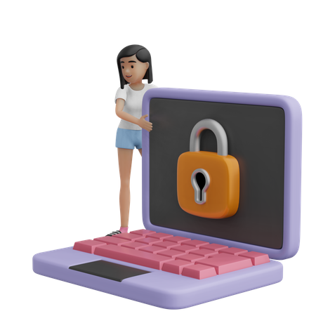 Garota e laptop bloqueado  3D Illustration