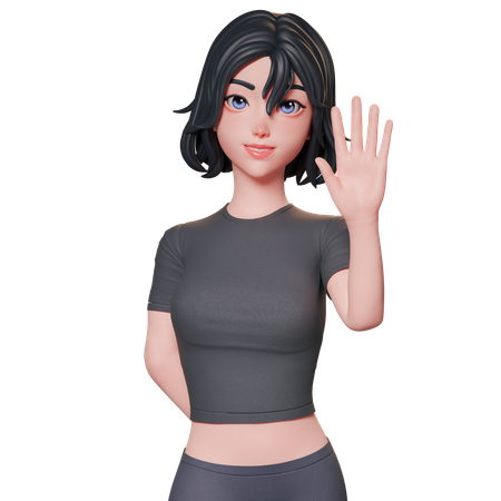 Garota esportiva de preto levantando-a e mostrando um gesto de saudação com a mão direita acenando  3D Icon