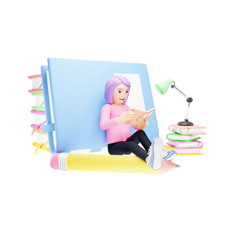 A menina está envolvida na leitura de livros  3D Illustration