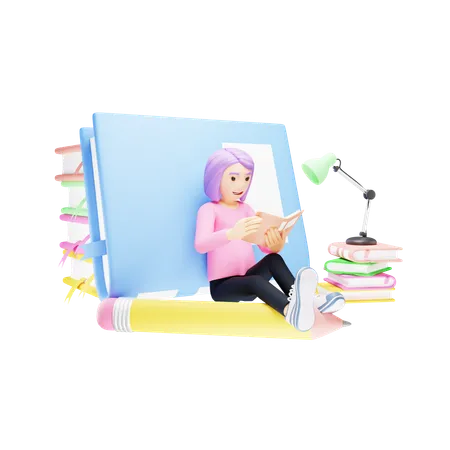 A menina está envolvida na leitura de livros  3D Illustration