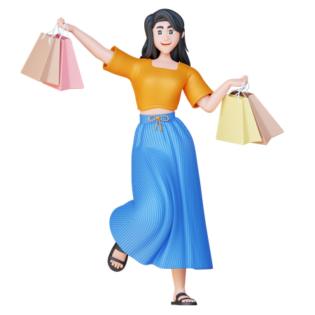Garota feliz, segurando a sacola de compras  3D Illustration