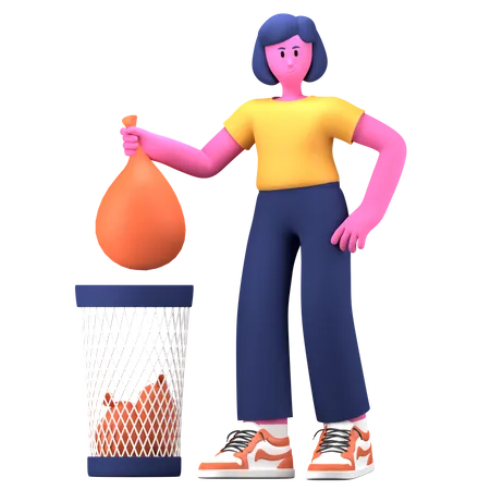 Garota joga lixo na lata  3D Illustration