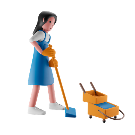 Menina limpando o chão  3D Illustration