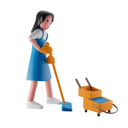 Menina limpando o chão  3D Illustration