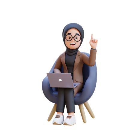 Garota muçulmana tendo uma ideia enquanto está sentada no sofá e trabalha no laptop  3D Icon