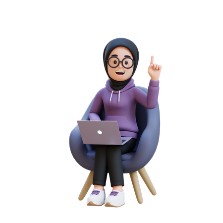 Garota muçulmana tendo uma ideia enquanto está sentada no sofá e trabalha no laptop  3D Icon