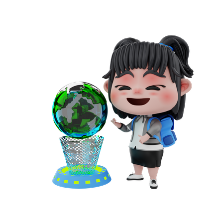 Menina olhando para o globo  3D Illustration