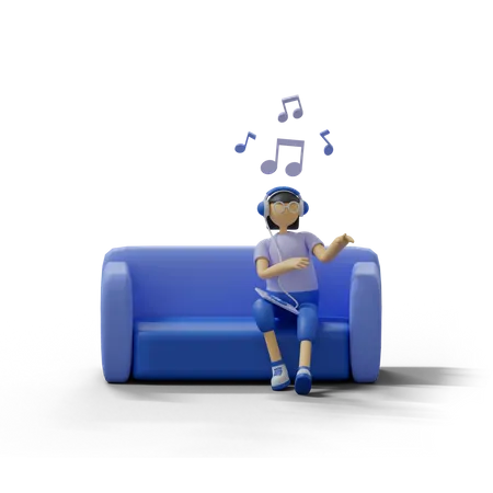 Menina ouvindo música no sofá  3D Illustration