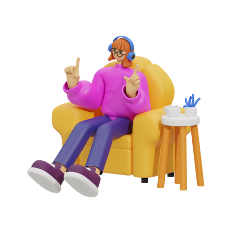 Garota ouvindo música no sofá  3D Illustration