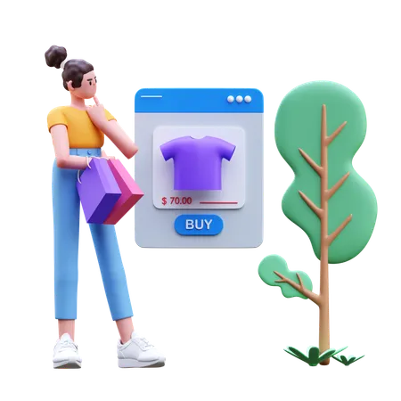 Garota pensando em comprar camiseta online  3D Illustration