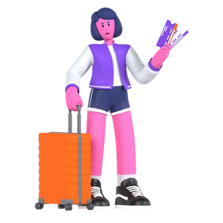 Garota pronta com passagem aérea para embarque  3D Illustration