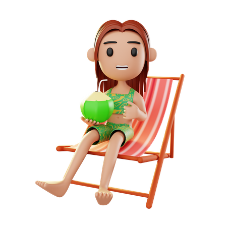 Menina relaxando na praia bebendo água de coco  3D Illustration