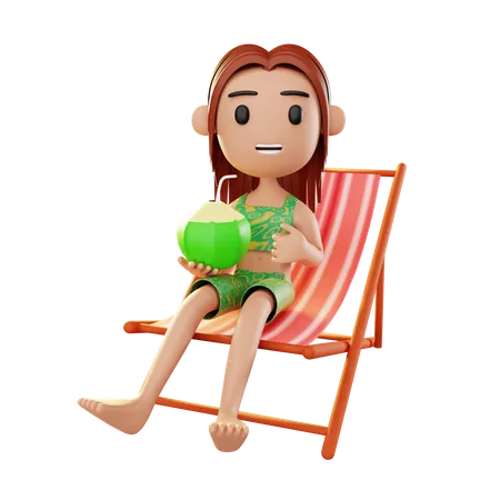 Menina relaxando na praia bebendo água de coco  3D Illustration