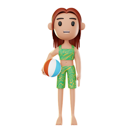 Garota relaxando na praia e jogando bola  3D Illustration