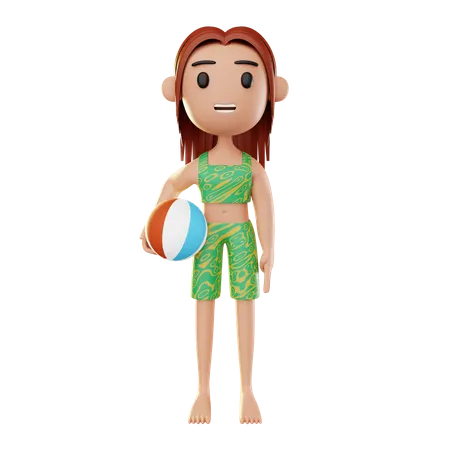 Garota relaxando na praia e jogando bola  3D Illustration