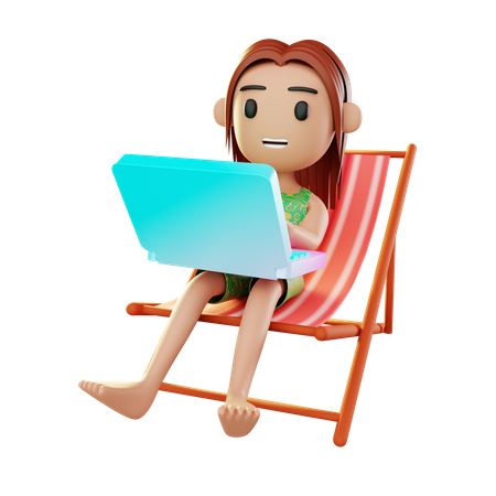 Garota relaxando na praia e trabalhando no laptop  3D Illustration