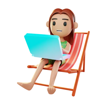 Garota relaxando na praia e trabalhando no laptop  3D Illustration