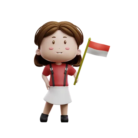 Garota segurando a bandeira da Indonésia  3D Illustration