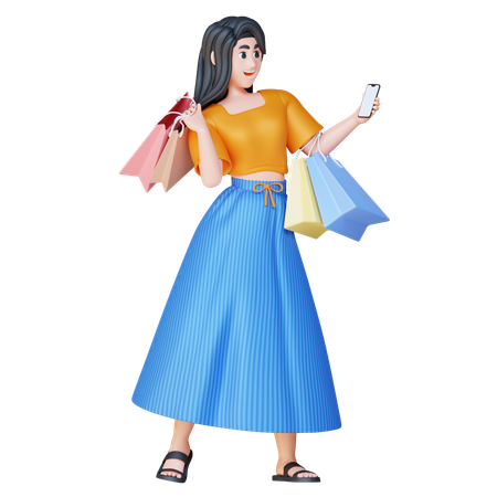 Menina segurando o telefone com sacolas de compras  3D Illustration