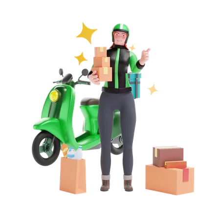 Garota de serviço de entrega com caixas de pacote e scooter  3D Illustration