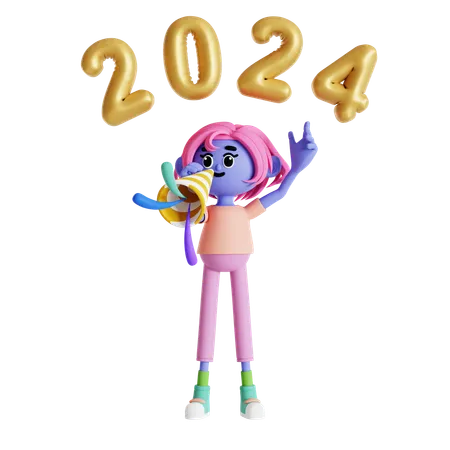 Garota tocando trompete na festa de ano novo  3D Illustration