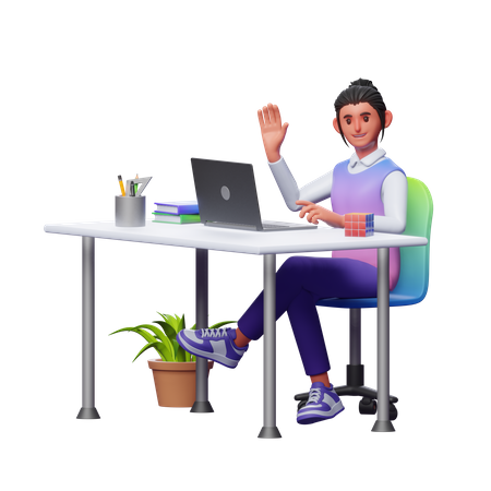 Garota trabalhando no escritório  3D Illustration
