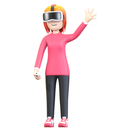 Garota usando fone de ouvido de realidade virtual e acenando com a mão  3D Illustration