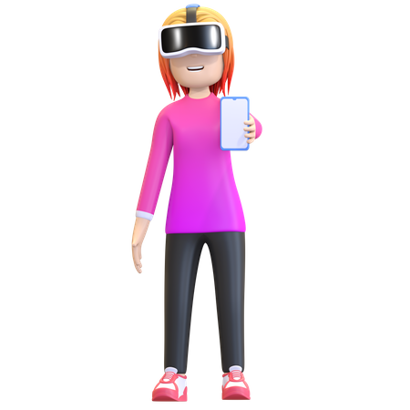 Garota usando fone de ouvido de realidade virtual e segurando smartphone  3D Illustration