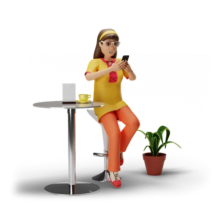 Garota usando smartphone enquanto está sentada na mesa  3D Illustration
