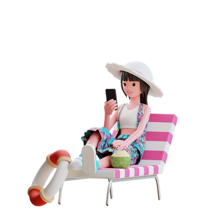 Garota usando smartphone na praia  3D Illustration