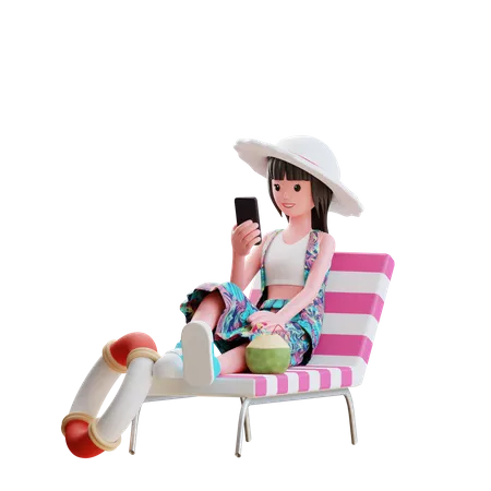 Garota usando smartphone na praia  3D Illustration