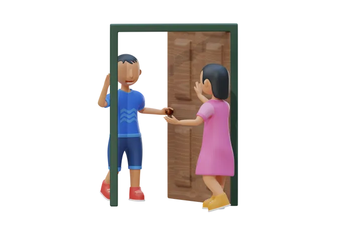 Criança abre a porta para um amigo  3D Illustration