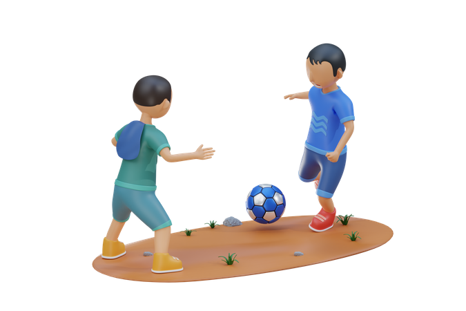 Criança joga futebol junto com um amigo  3D Illustration