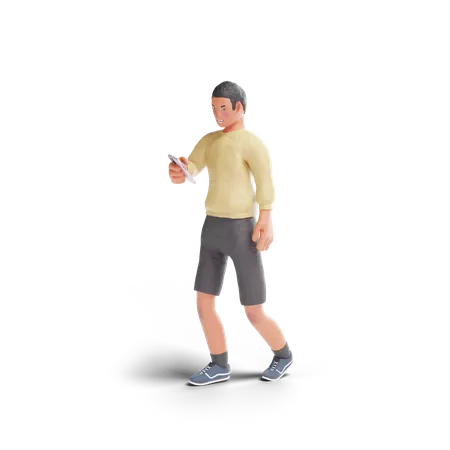 Menino Adolescente Afro Americano Usando Telefone Enquanto Caminhava Em Fundo Transparente Ilustracao 3 D 3D Illustration
