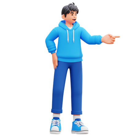 Menino com capuz apontando para a direita  3D Illustration