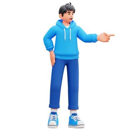 Menino com capuz apontando para a direita  3D Illustration