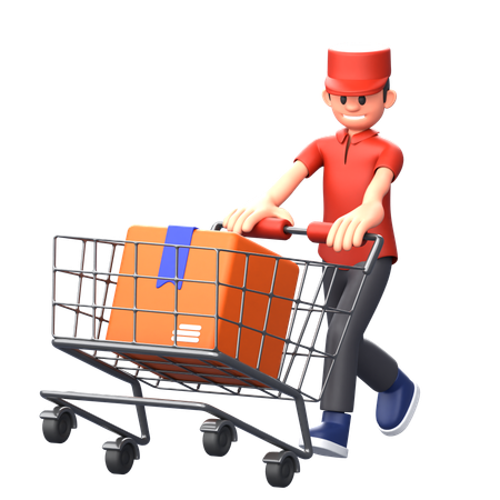 Garoto de entrega empurrando carrinho de logística  3D Illustration