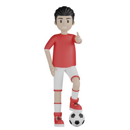 Garoto esportivo aparecendo o polegar e se preparando para chutar futebol  3D Illustration