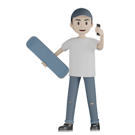 Menino falando ao telefone enquanto segura o skate  3D Illustration