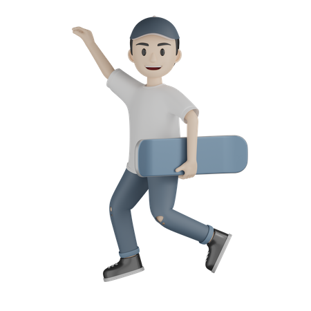 Menino feliz pulando enquanto segura o skate  3D Illustration