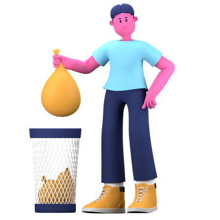 Garoto joga lixo na lata  3D Illustration