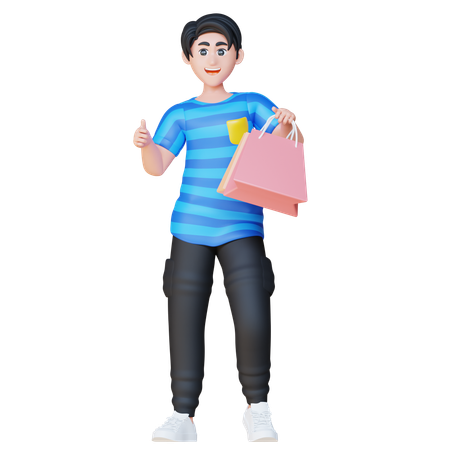 Menino mostrando o polegar para cima enquanto segura sacolas de compras  3D Illustration