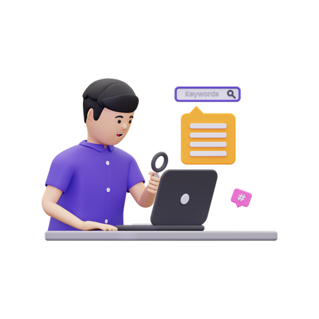 Garoto pesquisando palavra-chave de marketing  3D Icon