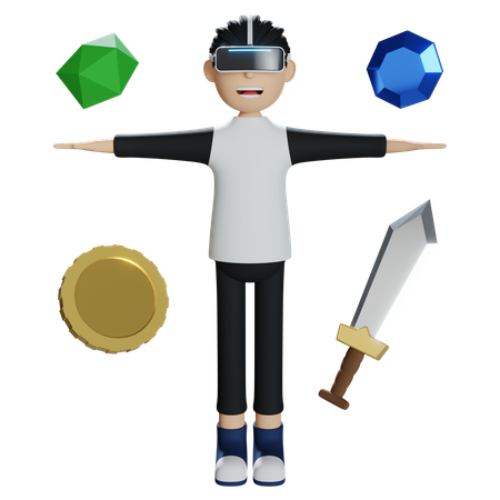 Garoto tendo experiência de jogo no Metaverso  3D Illustration