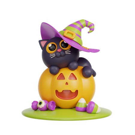 Gato brujo en calabaza  3D Illustration