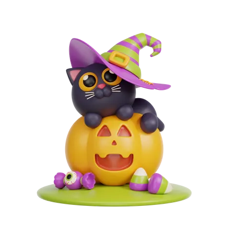 Gato brujo en calabaza  3D Illustration