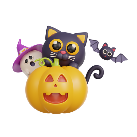 Gato brujo en calabaza  3D Illustration