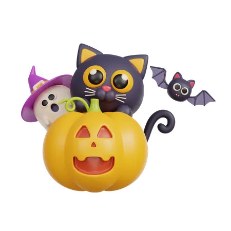 Gato brujo en calabaza  3D Illustration