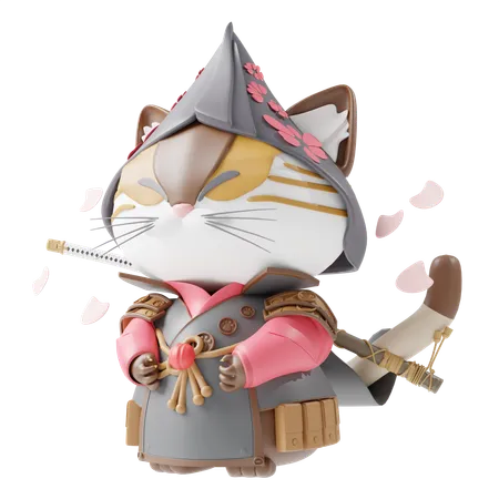 Gato chino en traje de samurai  3D Illustration