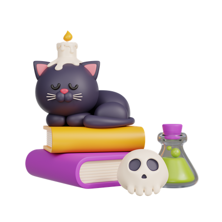 Gato negro durmiendo en libros  3D Illustration